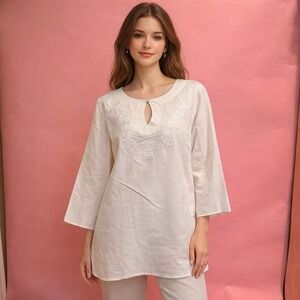 Carol Little Woman‎ Ivory Linen Embroidered Tunic Top Keyhole Neck Size 1X